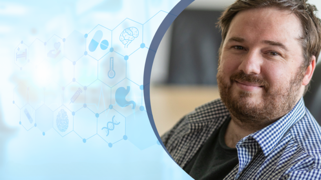 a background composed of hexagonal shapes connected by lines, symbolizing a molecular structure. On the right side is a picture of Chris Armstrong, PhD.